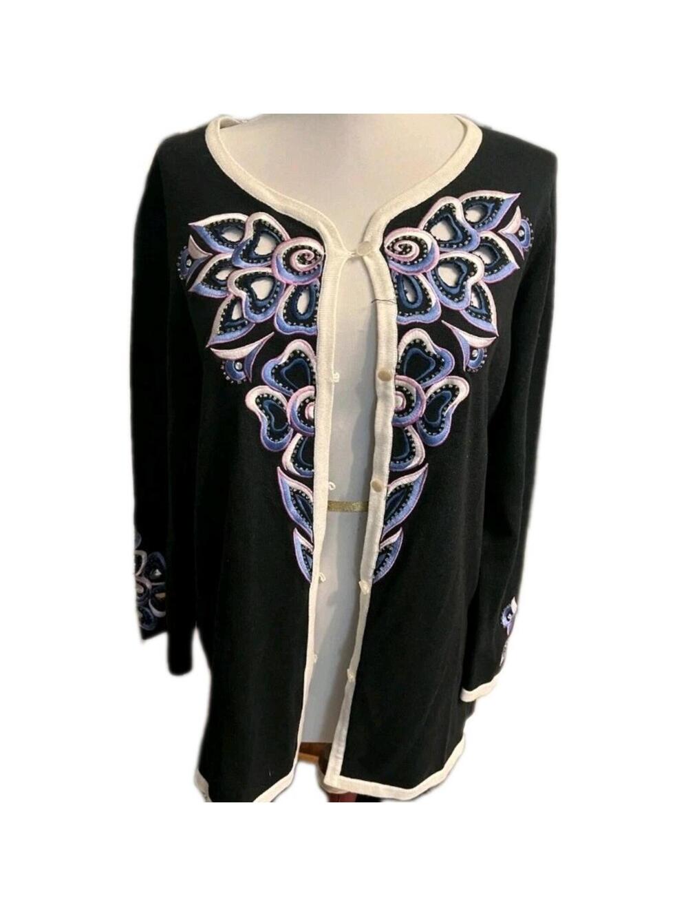 Bob Mackie Embroidered Cut Out 3/4 Sleeve Cardigan Flower Motif Women XL NWT Y2K